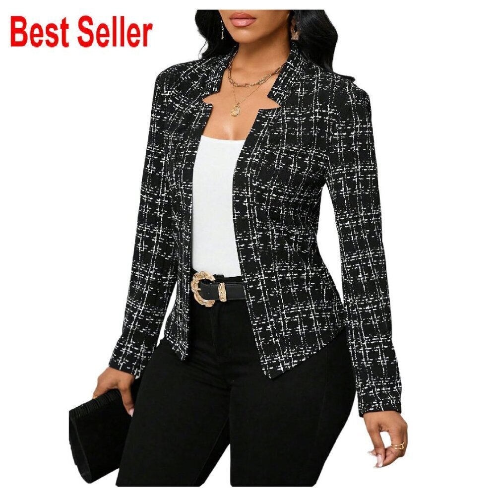 Plaid Tweed Blazer Elegant Open Front Long Sleeve Business Work Suit Jacket